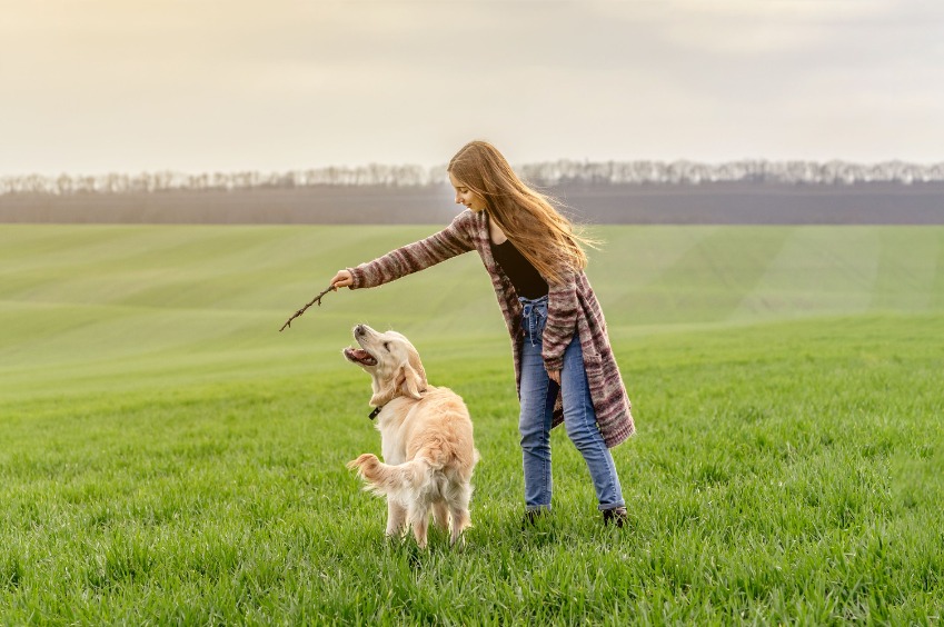 a lady playing with her golden retriever